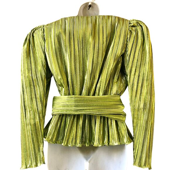 Vintage 80's Metallic Peridot Accordian Pleats Evening Blouse Belt Flower - Picture 11 of 14